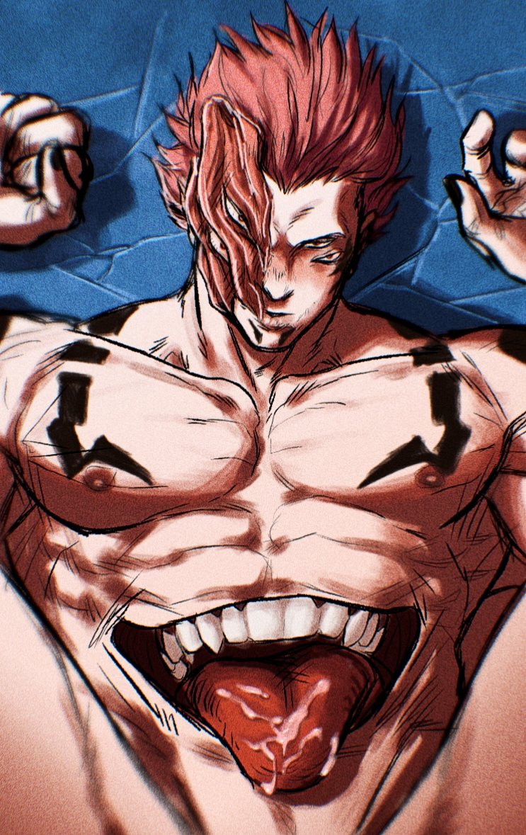 1boy abs bara black_nails chest_tattoo cowboy_shot cum cum_in_mouth extra_eyes extra_mouth implied_yaoi jujutsu_kaisen large_pectorals looking_at_viewer lying male_focus muscular muscular_male nipples on_back pectorals red_eyes ryoumen_sukuna_(jujutsu_kaisen) ryoumen_sukuna_(true_form)_(jujutsu_kaisen) short_hair shoulder_tattoo smokerichi solo spiked_hair spread_legs stomach_mouth tattoo