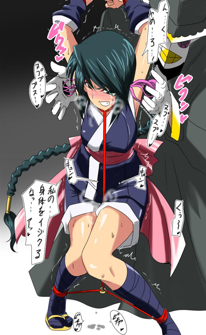 1girl arm_warmers arms_up bandages bdsm black_hair blush bondage bound bound_legs bound_wrists breath clenched_teeth detached_sleeves ear_insertion frown hair_ribbon kneehighs knees_together_feet_apart legs long_hair makimachi_misao ponytail pussy_juice ri-raritobaku ribbon rurouni_kenshin sandals sash sleeveless socks stain steam sweat teeth tentacles translation_request trembling