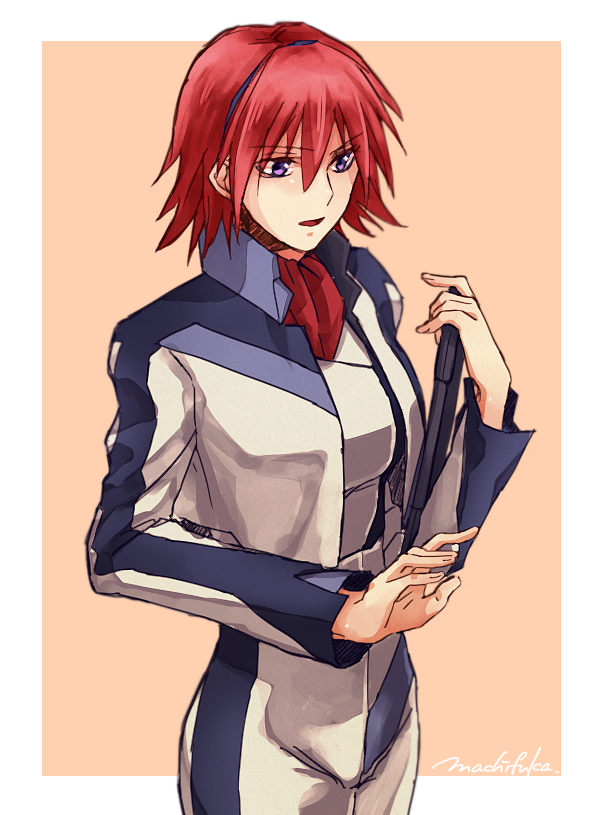10s 1girl blue_eyes breasts canon_memphis female_focus invisible_object jacket large_breasts long_sleeves machi_fuka open_mouth pants red_hair short_hair signature solo soukyuu_no_fafner tablet_pc typing uniform