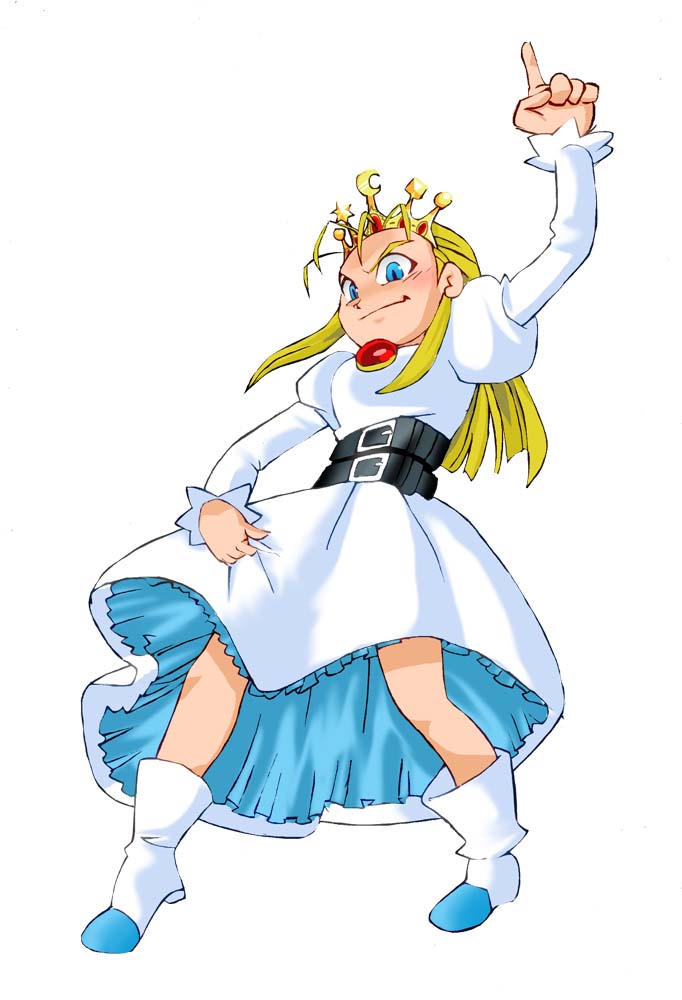 1girl :i :t armpits arms_up bandai_namco belt blonde_hair blue_eyes blush body_control chest_jewel clothes_pull commentary crossover crown cyberbots dancing devilot_de_deathsatan_ix gem holding lips long_hair looking_at_viewer monolith_soft multiple_crossover namco_x_capcom nervous onnaski photoshop_(medium) pointing pointing_up pout princess project_x_zone pulling red_gemstone skirt skirt_pull smile space_channel_5 tiptoes white_footwear wide-eyed