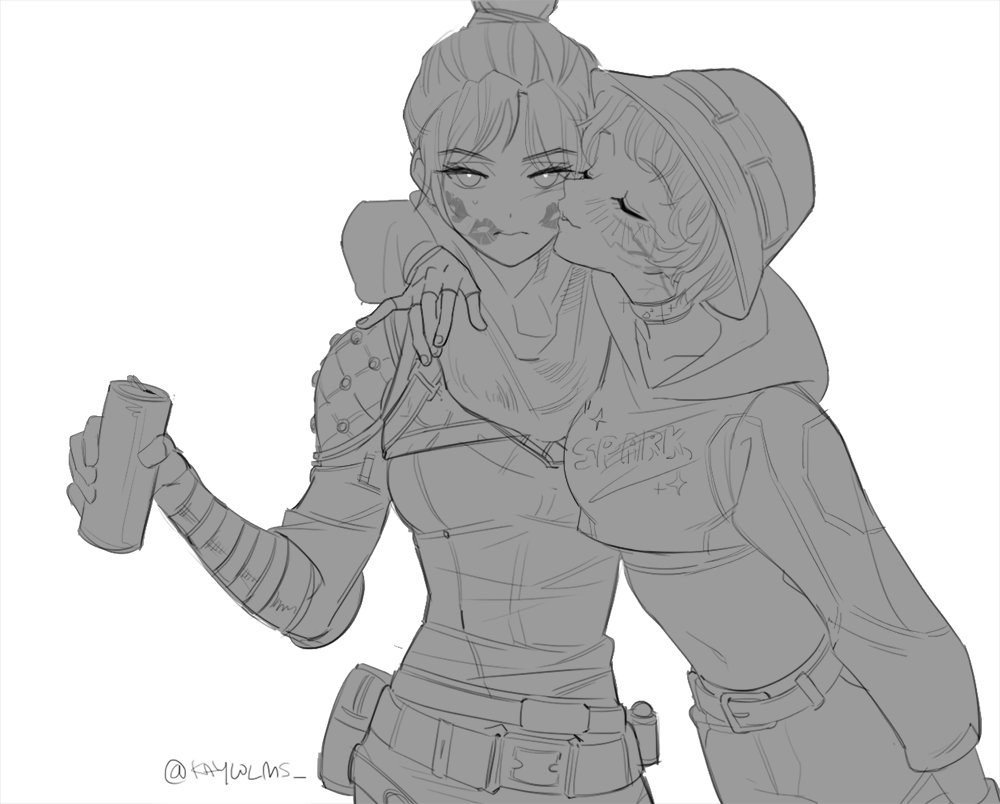 2girls animification annoyed apex_legends arm_around_shoulder blush breasts bucket_hat can cropped_hoodie fingerless_gloves frown gloves greyscale hair_bun hat holding holding_can hood hoodie joong_beak kiss kissing_cheek lipstick_mark looking_at_viewer midriff monochrome multiple_girls photo-referenced scarf short_hair simple_background single_hair_bun small_breasts twitter_username wattson_(apex_legends) white_background wraith_(apex_legends) yuri