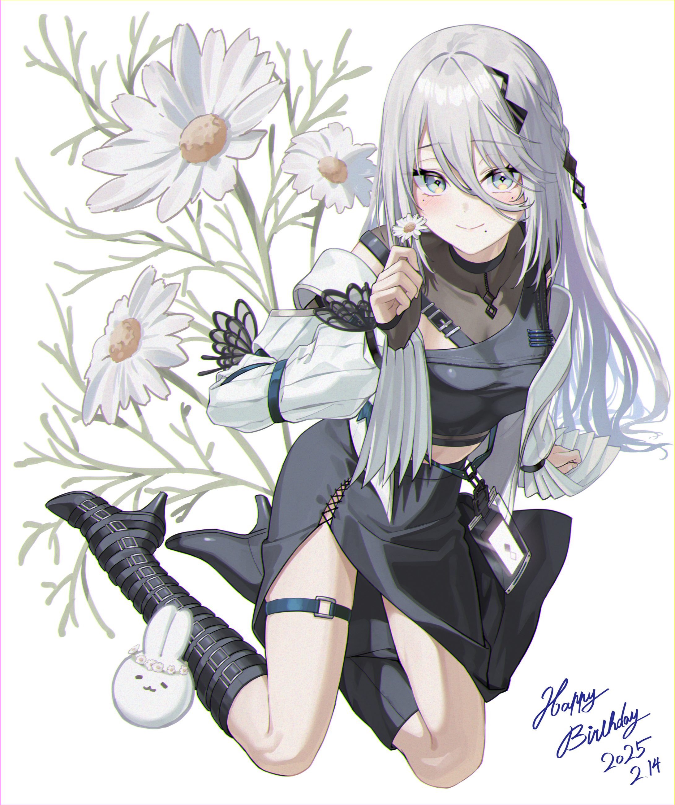 1girl absurdres blue_eyes blush boots braid breasts dated flower full_body ginopi happy_birthday highres holding holding_flower looking_at_viewer medium_breasts mole mole_under_eye mole_under_mouth nijisanji off_shoulder sitting smile solo sophia_valentine sophia_valentine_(1st_costume) thigh_boots thigh_strap virtual_youtuber white_background white_hair