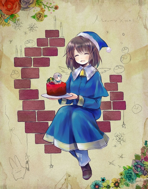 1boy 1girl arle_nadja bad_id bad_pixiv_id bell blue_flower blue_rose brown_hair cake carbuncle_(puyopuyo) christmas closed_eyes dress flower food full_body green_flower green_rose grey_hair half_updo hanekoto hat madou_monogatari merry_christmas mini_person miniboy multicolored_flower multicolored_rose plate puyo_(puyopuyo) puyopuyo red_flower red_rose rose schezo_wegey short_hair smile