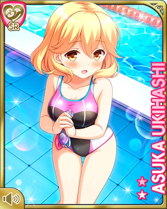 1girl :d bare_legs barefoot black_one-piece_swimsuit black_ribbon blonde_hair breasts brown_eyes card_(medium) day girlfriend_(kari) hair_ribbon indoor_pool indoors medium_breasts official_art one-piece_swimsuit open_mouth pool qp:flapper ribbon short_hair smile solo standing swimsuit tagme ukihashi_asuka
