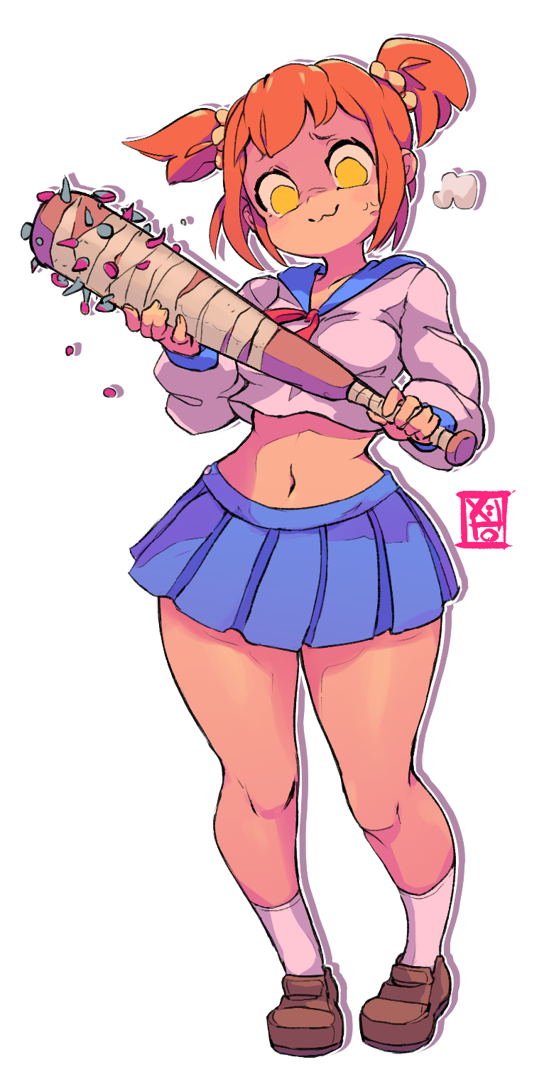1girl :3 anger_vein angry artist_name baseball_bat blood blue_sailor_collar blue_skirt blush breasts breath brown_shoes character_cutout closed_mouth collarbone crop_top drop_shadow empty_eyes female_focus full_body hair_ornament hair_scrunchie hands_up happy highres holding holding_weapon light_blush long_sleeves looking_down midriff miniskirt mole mole_under_eye nail nail_(hardware) nail_bat navel neckerchief no_pants orange_hair outline pleated_skirt poptepipic popuko red_neckerchief sailor_collar school_uniform scrunchie serafuku shiny_skin shirt shoes short_hair sidelocks signature simple_background skirt small_breasts smile socks solo standing starmilk stomach thick_thighs thighs transparent_background two-handed two_side_up weapon white_outline white_shirt white_socks wide_hips yellow_eyes