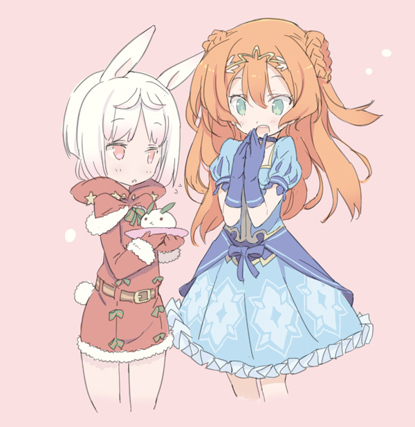 alisa_kirsten animal_ears blade_(galaxist) blush child commentary_request dress eyebrows flat_chest gloves gradient_hair green_eyes long_hair multicolored_hair multiple_girls official_art open_mouth orange_hair pink_hair pop-up_story rabbit_ears rabbit_girl rabbit_tail red_eyes ruri_ookami short_hair smile snow_rabbit tail white_hair