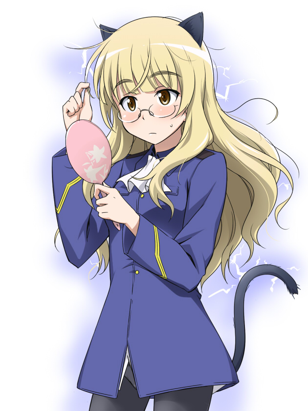 1girl animal_ears black_pantyhose blonde_hair blush cat_ears cat_tail electricity female_focus glasses long_hair messy_hair military military_uniform mirror panties panties_under_pantyhose pantyhose perrine_h._clostermann solo strike_witches tail underwear world_witches_series yellow_eyes youkan