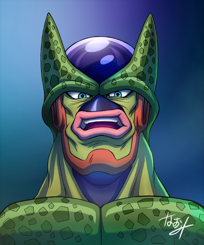 1boy blue_background blue_eyes cell_(dragon_ball) commentary_request dragon_ball dragonball_z looking_at_viewer male_focus naomi_(nplusn) open_mouth semi-perfect_cell signature solo teeth upper_body upper_teeth_only