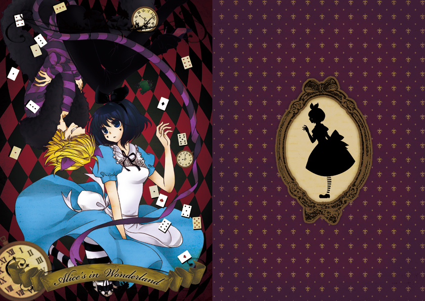 1boy 1girl alice_(alice_in_wonderland) alice_(alice_in_wonderland)_(cosplay) alice&#039;s_adventures_in_wonderland bad_id bad_pixiv_id belphegor_(reborn) blonde_hair breasts cheshire_cat_(alice_in_wonderland) cheshire_cat_(cosplay) cosplay hair_over_eyes katekyo_hitman_reborn! mammon_(reborn) purple_hair shirt short_hair smile striped_clothes striped_shirt