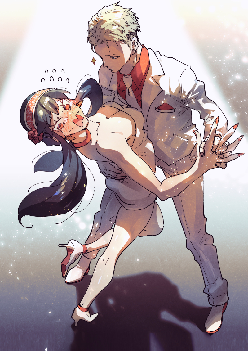 1boy 1girl ass bare_shoulders blonde_hair blue_eyes blush breasts cleavage collarbone collared_shirt commentary_request couple dancing dress earrings embarrassed flower flying_sweatdrops formal_clothes full_body gold_earrings hair_flower hair_ornament hairband hand_on_another&#039;s_back high_heels holding_hands husband_and_wife interlocked_fingers jacket jewelry korokoro_daigorou large_breasts light_particles long_hair looking_at_another open_mouth pants red_eyes red_nails red_shirt shirt sidelocks sparkle spy_x_family stage_lights strapless strapless_dress suit sweatdrop tears twilight_(spy_x_family) white_dress white_footwear white_jacket white_pants white_suit yor_briar