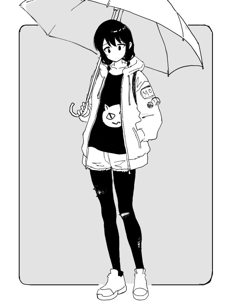1girl border casual closed_mouth clothes_writing collarbone dot_mouth drawstring expressionless full_body grey_background greyscale hand_in_pocket hood hood_down hooded_jacket jacket kajino_(aosansai) long_sleeves looking_down medium_hair monochrome open_clothes open_jacket outside_border pantyhose print_shirt shirt shoes shorts sneakers solo standing tamura_yuri torn_clothes torn_pantyhose umbrella watashi_ga_motenai_no_wa_dou_kangaetemo_omaera_ga_warui! white_border
