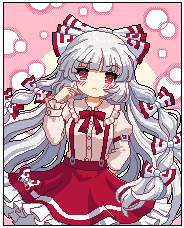 1girl adapted_costume blush bow buttons cowboy_shot fujiwara_no_mokou game_cg hair_bow juliet_sleeves kumio long_sleeves lowres multicolored_bow overall_skirt pink_background puffy_sleeves red_bow red_ribbon red_skirt ribbon shirt skirt solo third-party_source touhou touhou_mystia&#039;s_izakaya white_bow white_hair white_shirt