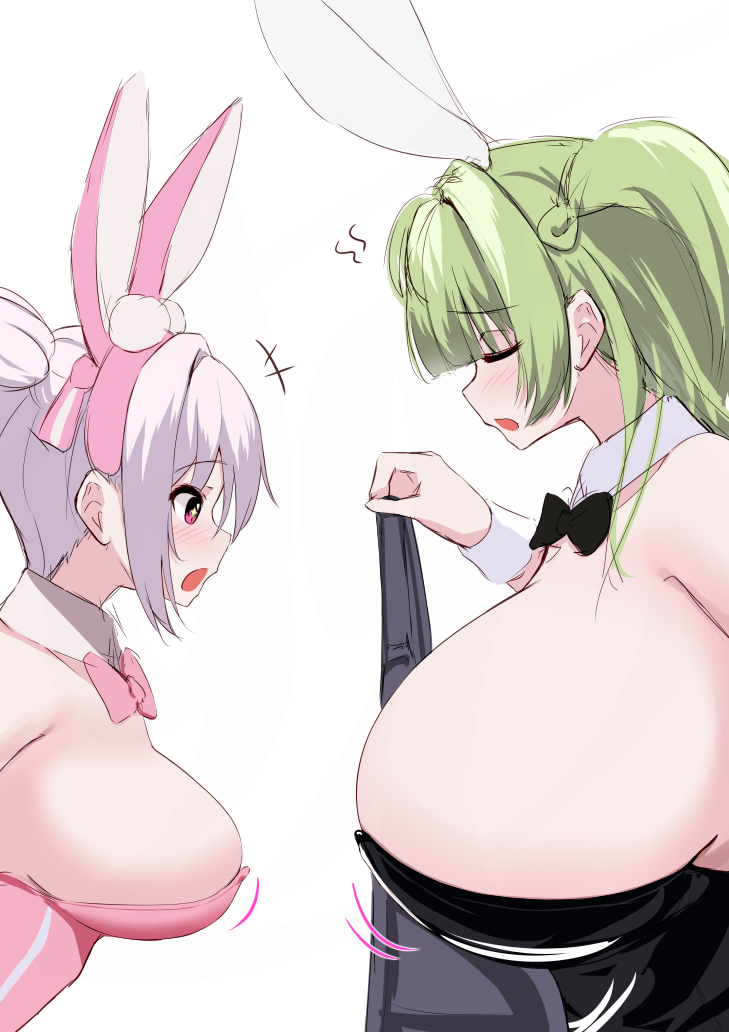 +_+ 2girls alice_(nikke) alice_(wonderland_bunny)_(nikke) animal_ears antenna_hair black_bow black_bowtie black_leotard blush bow bowtie breasts detached_collar fake_animal_ears goddess_of_victory:_nikke green_hair heart_antenna_hair huge_breasts kurono_suzuran large_breasts leotard long_hair multiple_girls open_mouth oversized_breast_cup pantyhose pink_bow pink_bowtie pink_leotard playboy_bunny rabbit_ears soda_(nikke) soda_(twinkling_bunny)_(nikke) strapless strapless_leotard undersized_breast_cup white_pantyhose wrist_cuffs