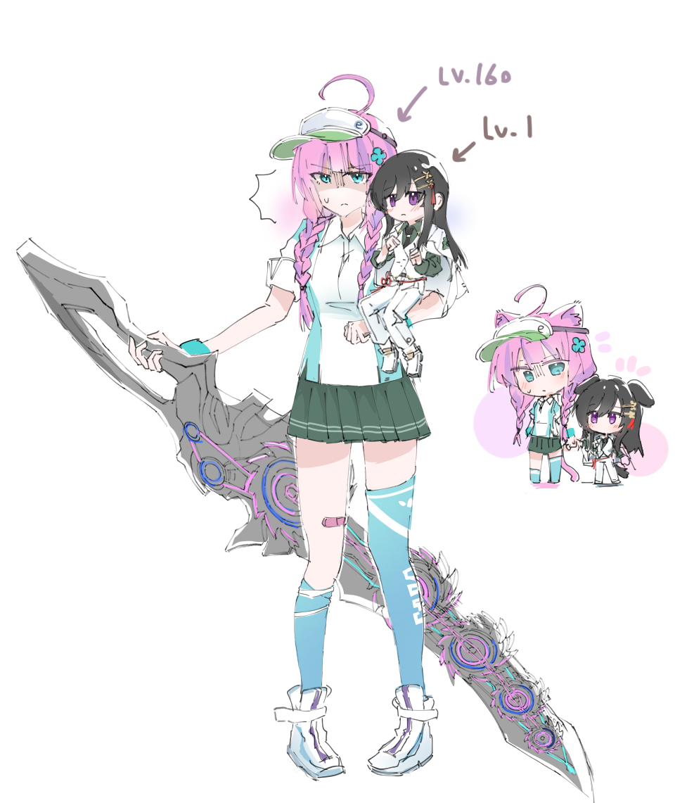 2girls ahoge aqua_eyes black_hair braid breasts date_akari hair_ornament heaven_burns_red long_hair mini_person minigirl multicolored_hair multiple_girls nikaidou_misato purple_eyes purple_hair rantan_0925 sidelocks skirt sportswear streaked_hair tassel tassel_hair_ornament tennis_uniform twin_braids visor_cap
