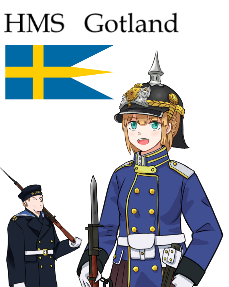 1boy 1girl :d aqua_eyes bayonet belt belt_pouch blonde_hair blue_coat blue_jacket buttons coat coat_of_arms collared_jacket combat_helmet commentary_request custodian_helmet gloves gotland_(warship_girls_r) gun hat helmet holding holding_weapon insignia jacket looking_at_viewer military military_uniform open_mouth over_shoulder pickelhaube pouch rifle sailor_collar sailor_hat shoulder_strap smile swedish_commentary swedish_flag swedish_uniform tre_kronor warship_girls_r weapon weapon_over_shoulder white_background white_belt white_gloves whiterose_tavern