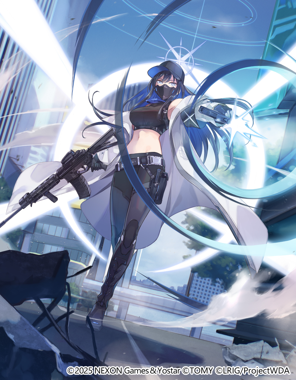 1girl baseball_cap black_mask blue_archive blue_halo buckle coat colored_inner_hair halo hat highres knife_sheath mask mouth_mask multicolored_hair official_art saori_(blue_archive) sheath sig_516 sig_sauer snap-fit_buckle solo thigh_sheath white_coat wixoss yuko_(uc_yuk)