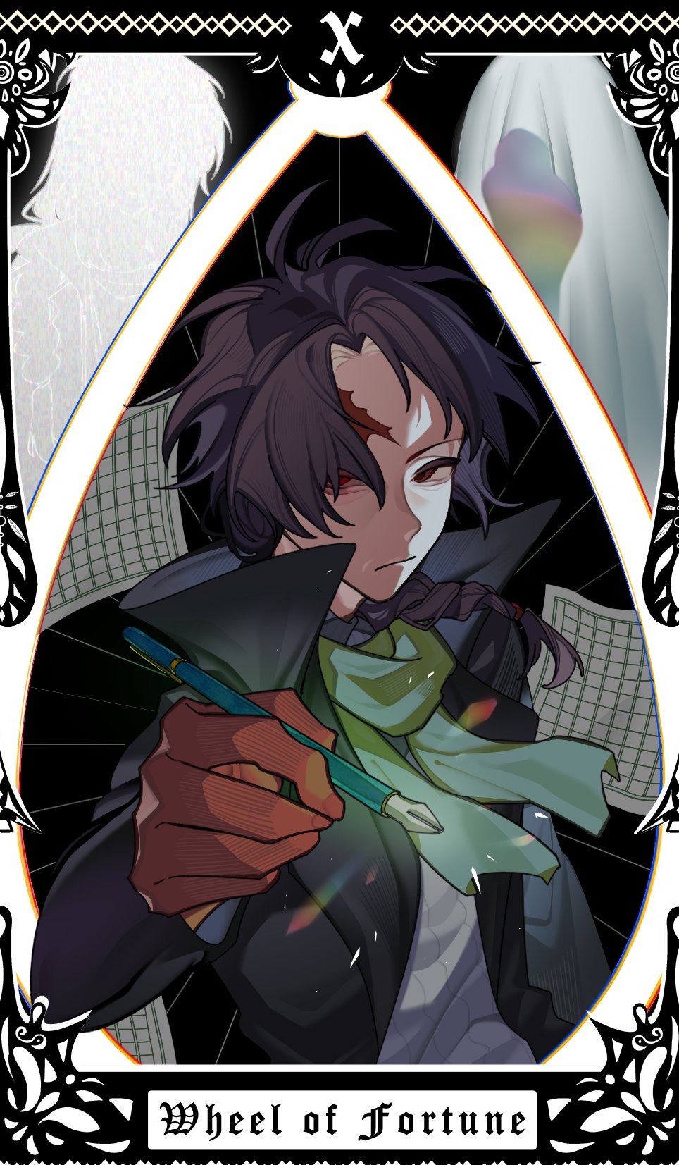 3boys baiyue black_jacket braid brown_hair chinese_commentary closed_mouth commentary_request english_text genkou_youshi grey_sweater harada_kazaru harada_minoru harada_mutei highres holding holding_pen jacket long_sleeves male_focus multiple_boys noose open_clothes open_jacket papers pen red_eyes ribbed_sweater saibou_shinkyoku scar scar_on_face scar_on_forehead single_braid solo_focus sweater tarot upper_body wheel_of_fortune_(tarot)