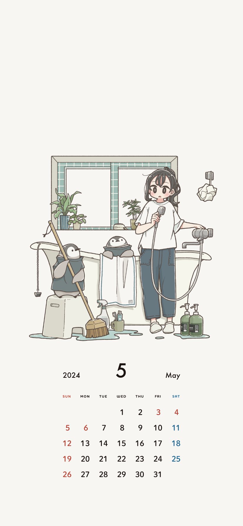 1girl bathroom bathtub bird black_eyes black_hair blue_pants blush broom calendar_(medium) east_sha2 full_body highres holding holding_broom holding_shower_head long_hair long_sleeves looking_at_animal original pants penguin plant ponytail potted_plant puddle shampoo_bottle shirt shower_head sidelocks simple_background solo stool towel white_background white_shirt window
