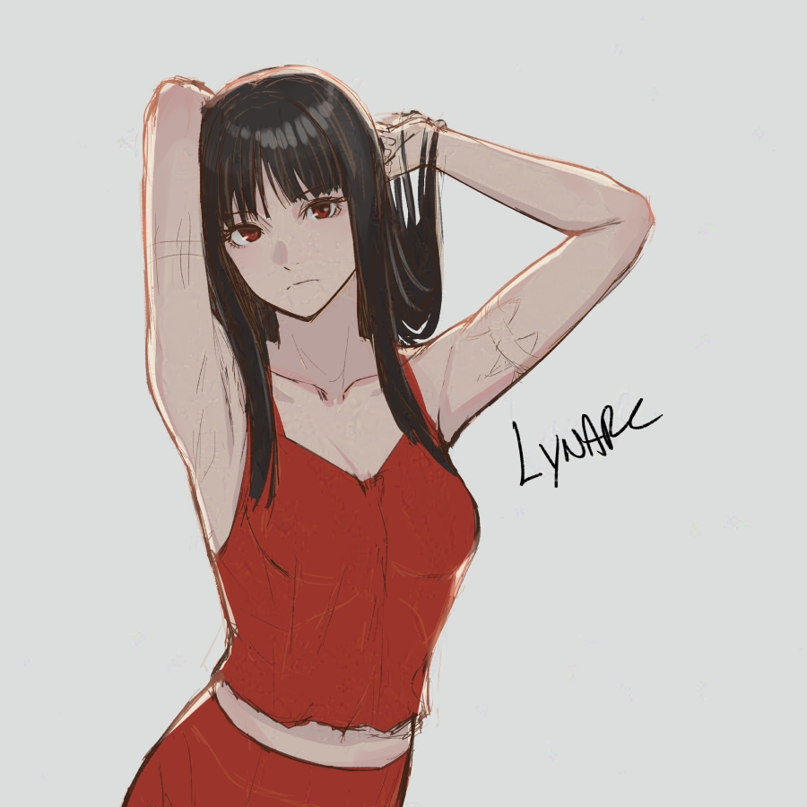1girl arms_up artist_name black_hair breasts fire_emblem fire_emblem_heroes hraesvelgr_(fire_emblem) long_hair looking_at_viewer lynarc medium_breasts nintendo pants red_eyes red_pants red_shirt shirt sleeveless sleeveless_shirt solo white_background