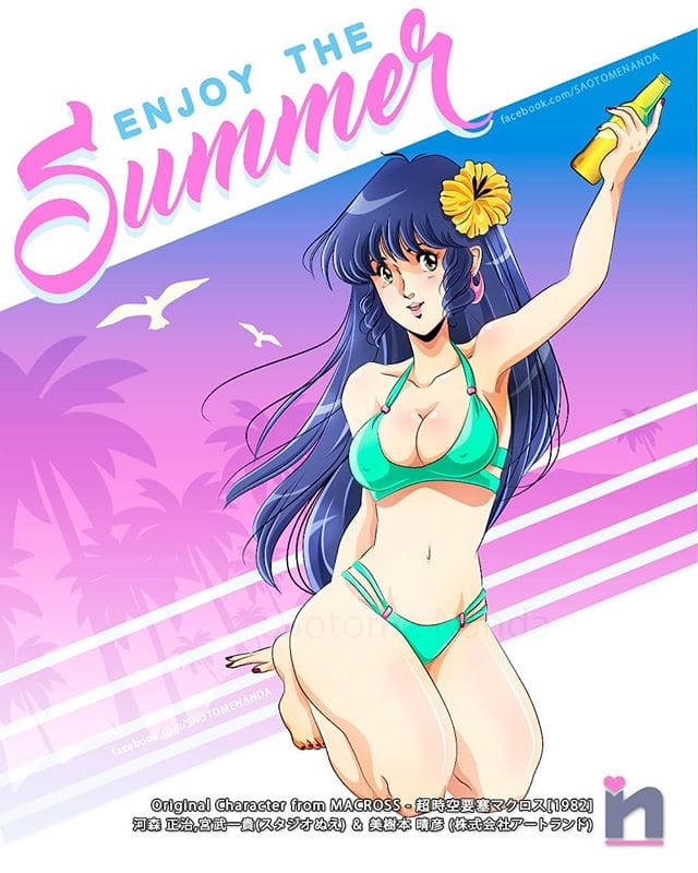 00s 1982 80s alcohol artist_logo beach beer_bottle bikini bird blue_hair breasts choujikuu_yousai_macross copyright_name covered_erect_nipples drill_hair drill_sidelocks earrings english_text facebook_username flower flower_on_head green_bikini green_eyes happy japanese_text jewelry lips lipstick logo looking_at_viewer lynn_minmay macross makeup medium_breasts multi-strapped_bikini_bottom multi-strapped_bikini_top nail_polish oldschool palm_tree pink_lips retro_artstyle saotome_nanda seagull sidelocks smile summer swimsuit text_focus tree watermark
