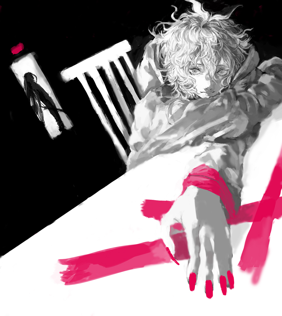 10s 2boys amber389 black_hair blood danganronpa_(series) danganronpa_2:_goodbye_despair fingernails formal_clothes kamukura_izuru katana komaeda_nagito long_fingernails long_hair male_focus messy_hair multiple_boys nail_(hardware) pink_blood polish_text spoilers spot_color suit sword very_long_hair weapon