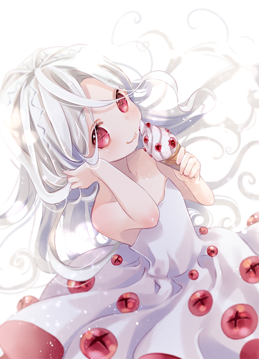 1girl :p barbatos_(fate) bare_arms bare_shoulders blush closed_mouth commentary_request commission cowboy_shot curly_hair demon_pillar_(fate) dress dutch_angle fate/grand_order fate_(series) food hand_in_own_hair hands_up holding holding_food holding_ice_cream ice_cream ice_cream_cone kuga_tsukasa long_hair looking_at_viewer parted_bangs pixiv_commission red_eyes simple_background smile soft_serve solo strapless strapless_dress symbol-shaped_pupils tongue tongue_out very_long_hair white_background white_dress white_hair x-shaped_pupils
