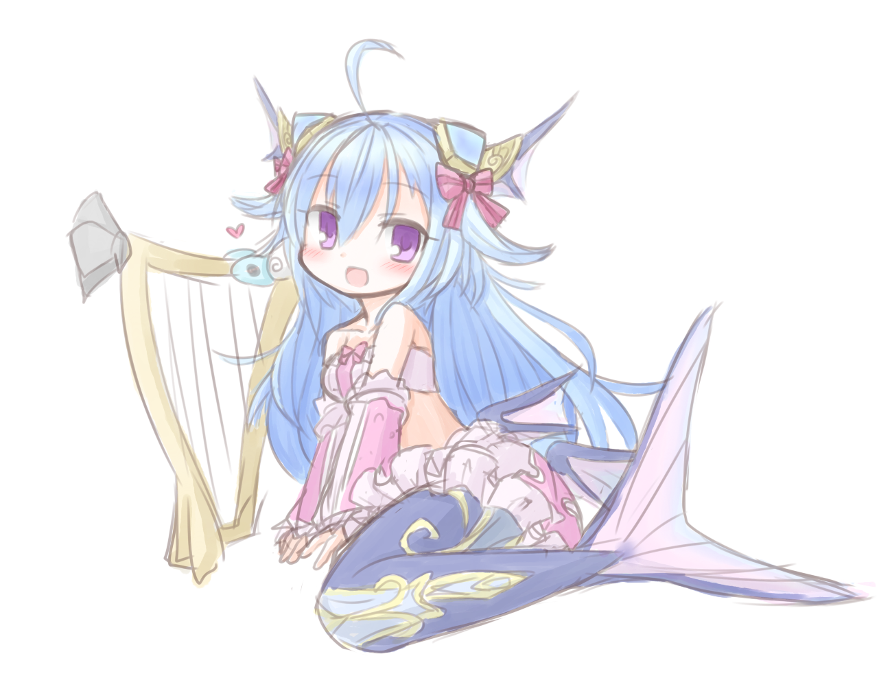 1girl ahoge blue_hair dress emil_chronicle_online frilled_dress frills frr_(akf-hs) hair_ribbon harp horns instrument long_hair lorelei_lore mermaid monster_girl pink_dress purple_eyes red_ribbon ribbon sitting white_background