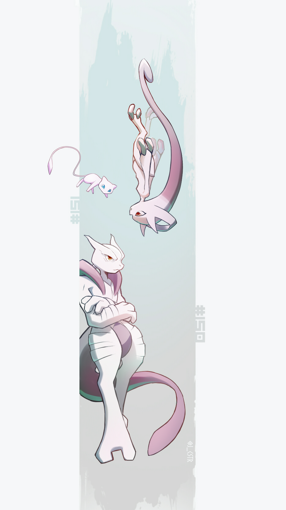 blue_eyes closed_eyes closed_mouth collarbone floating full_body gen_1_pokemon grey_background highres jcstr legendary_pokemon long_tail looking_at_another mega_mewtwo_x mega_mewtwo_y mega_pokemon mew_(pokemon) mewtwo multiple_others mythical_pokemon nintendo no_humans pokedex_number pokemon pokemon_(creature) purple_eyes red_eyes serious standing tail wind