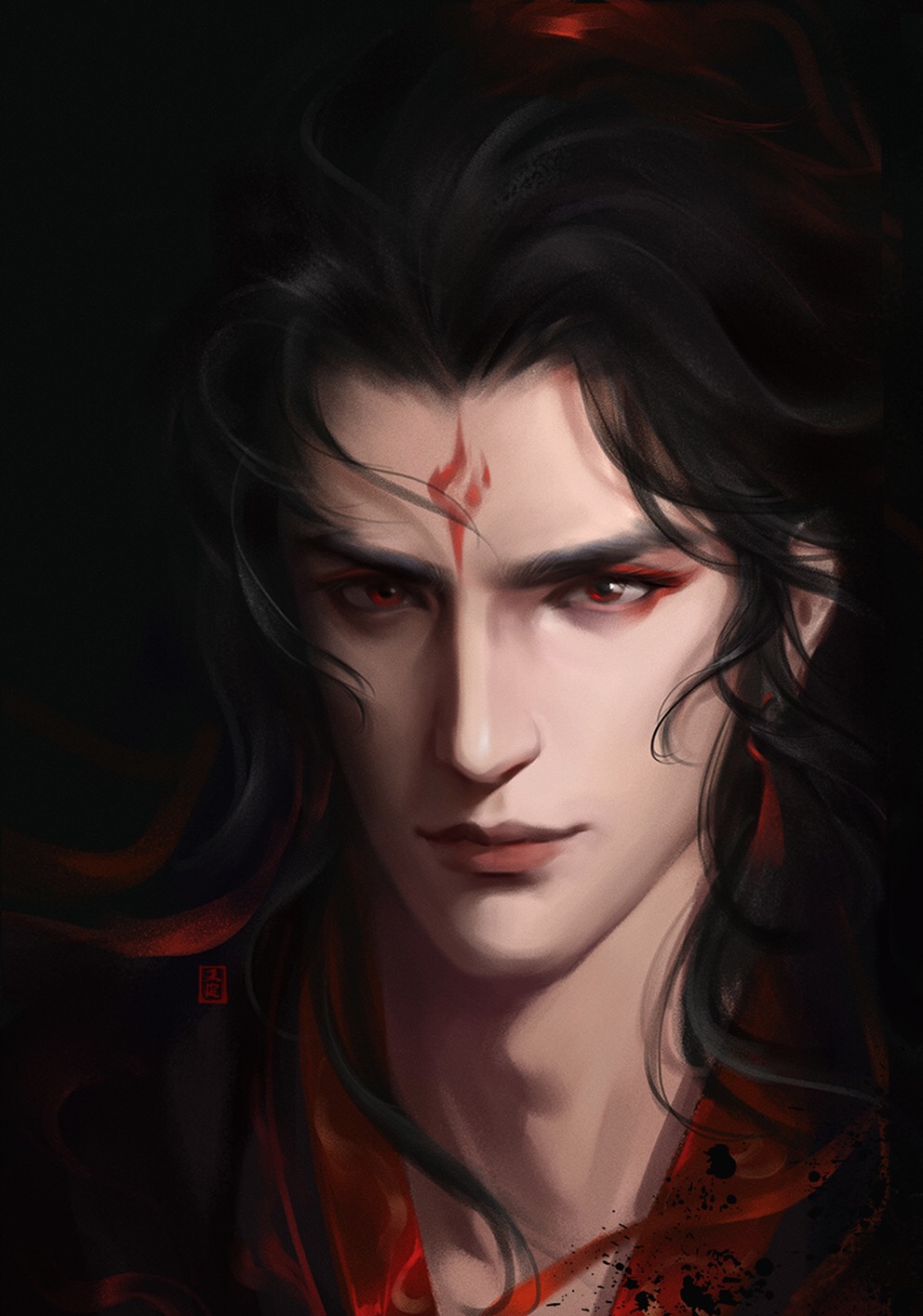 1boy asian black_background black_hair chinese_clothes chinese_commentary commentary_request eyeliner facial_mark forehead forehead_mark hair_ribbon hanfu highres light_smile long_hair looking_at_viewer makeup male_focus realistic red_eyeliner red_eyes red_hanfu red_lips red_ribbon renzha_fanpai_zijiu_xitong ribbon ribbon_earrings shen_qingqiu simple_background solo thick_eyebrows thick_lips upper_body very_long_hair ye_dian_pikaqiu