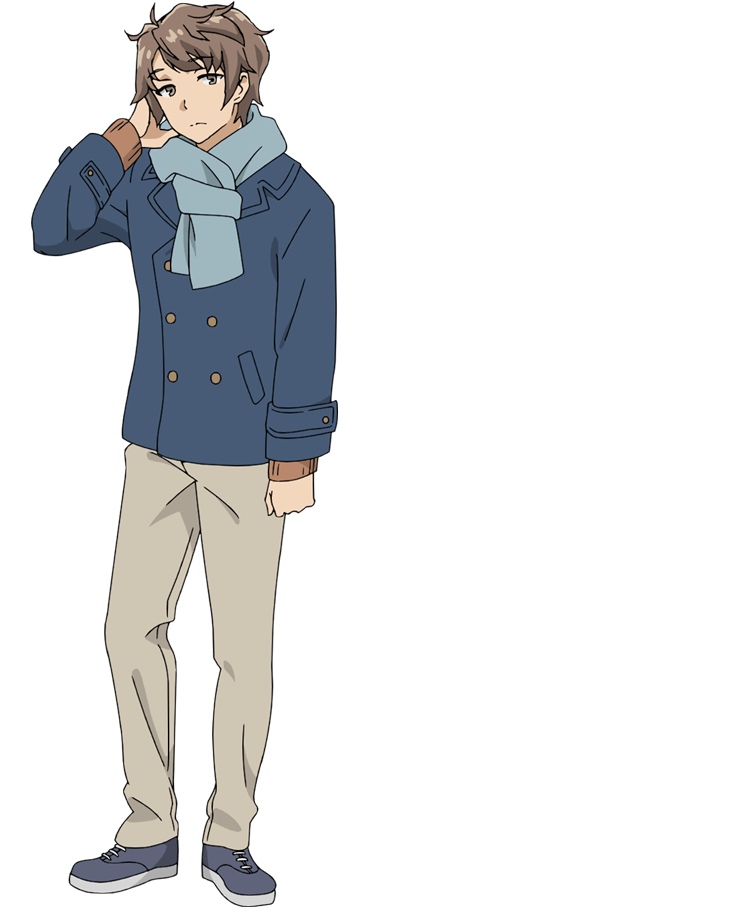 1boy anime_coloring arm_up azusagawa_sakuta blue_coat blue_scarf blue_shoes brown_eyes brown_hair clenched_hand closed_mouth coat full_body hand_in_own_hair long_sleeves looking_at_viewer official_art pants scarf seishun_buta_yarou shoes short_hair simple_background solo standing tamura_satomi transparent_background
