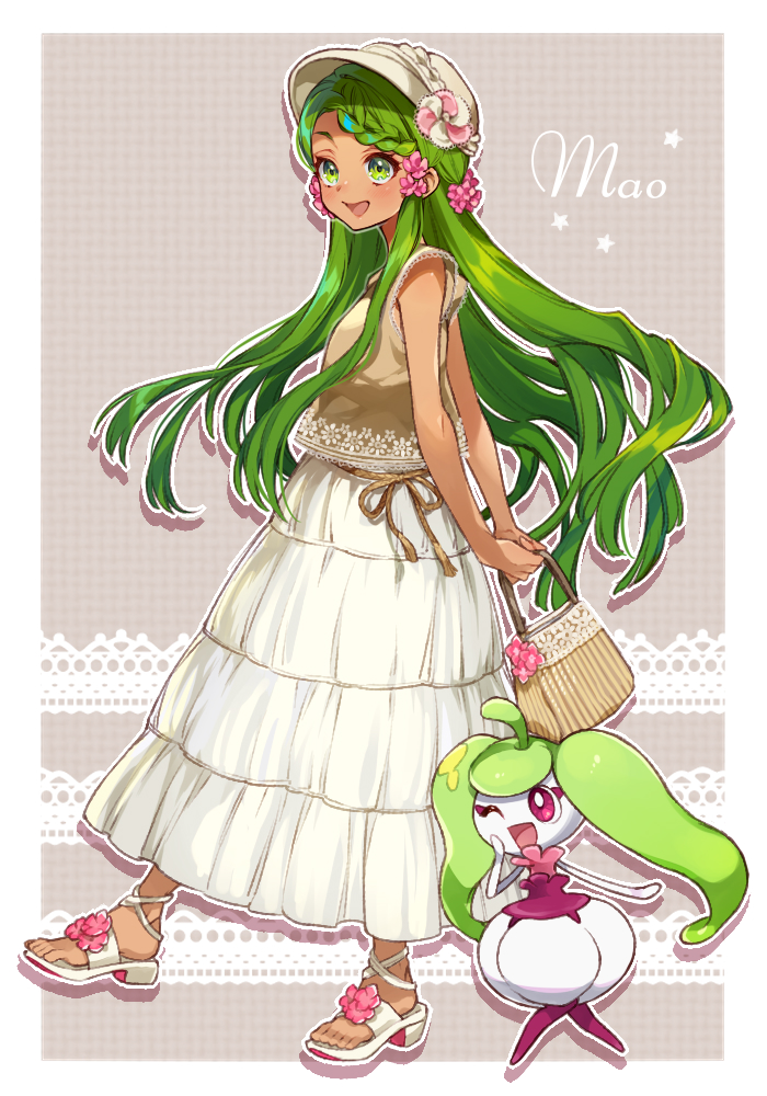 1girl :d alternate_costume bag border braid brown_background brown_shirt character_name commentary_request dark-skinned_female dark_skin flower footwear_flower full_body gen_7_pokemon green_hair hair_flower hair_ornament hat holding holding_bag long_hair mallow_(pokemon) nintendo open_mouth outline pink_flower pokemon pokemon_(creature) pokemon_sm sandals sasairebun shirt skirt smile standing star_(symbol) steenee tongue white_border