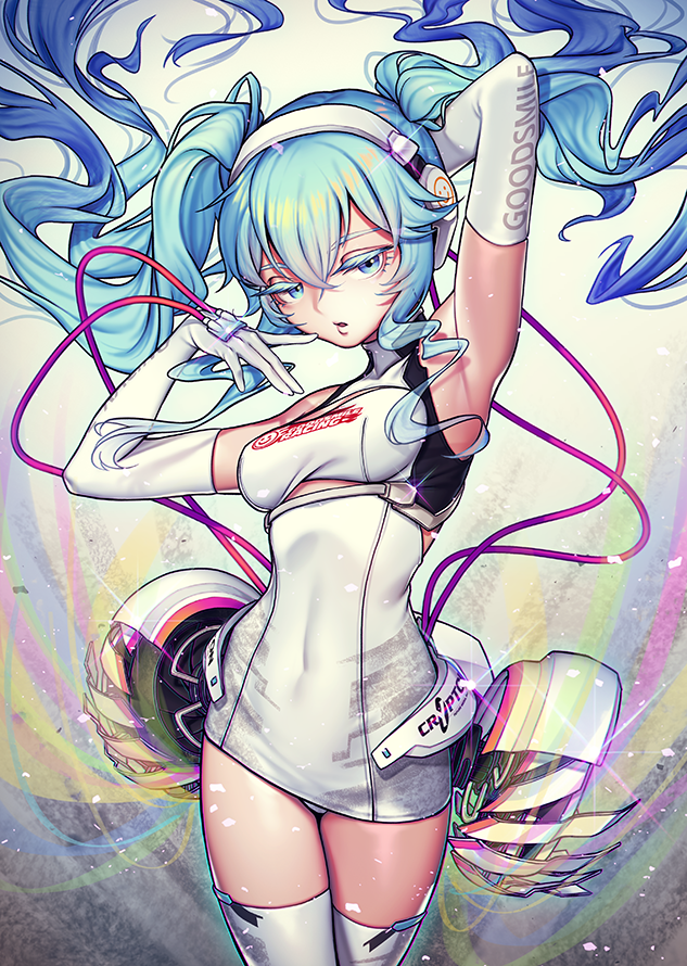 1girl arms_up blue_eyes blue_hair covered_navel cowboy_shot elbow_gloves female_focus gloves goodsmile_racing hair_between_eyes hatsune_miku headphones lantam leotard long_hair racing_miku racing_miku_(2014) solo thighhighs twintails vocaloid white_gloves white_leotard white_thighhighs