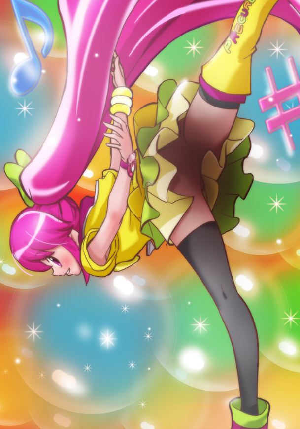 10s 1girl aino_megumi alternate_form armpit_peek asymmetrical_footwear black_thighhighs blush cure_lovely cure_lovely_(lollipop_hip_hop) female_focus happinesscharge_precure! haruyama_kazunori leg_up long_hair magical_girl mis mismatched_footwear musical_note no_panties pink_eyes pink_hair ponytail precure quaver sharp_sign skirt solo thighhighs