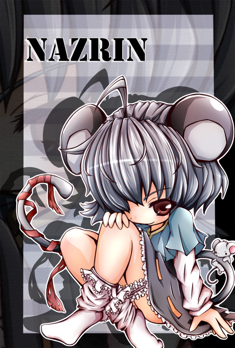 1girl animal_ears blush character_name chibi crystal grey_background grey_hair jewelry lace mouse_(animal) mouse_ears mouse_tail nazrin pendant red_eyes ritateo short_hair sitting tail touhou