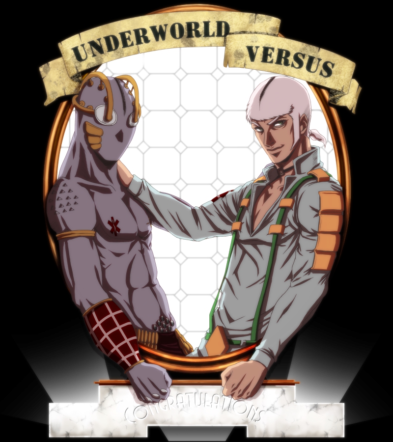 2boys black_hair c-7_(assate) character_name donatello_versus hand_on_another&#039;s_shoulder jojo_no_kimyou_na_bouken multicolored_hair multiple_boys ponytail short_ponytail sideburns smirk stone_ocean suspenders two-tone_hair under_world_(stand) v-neck white_hair