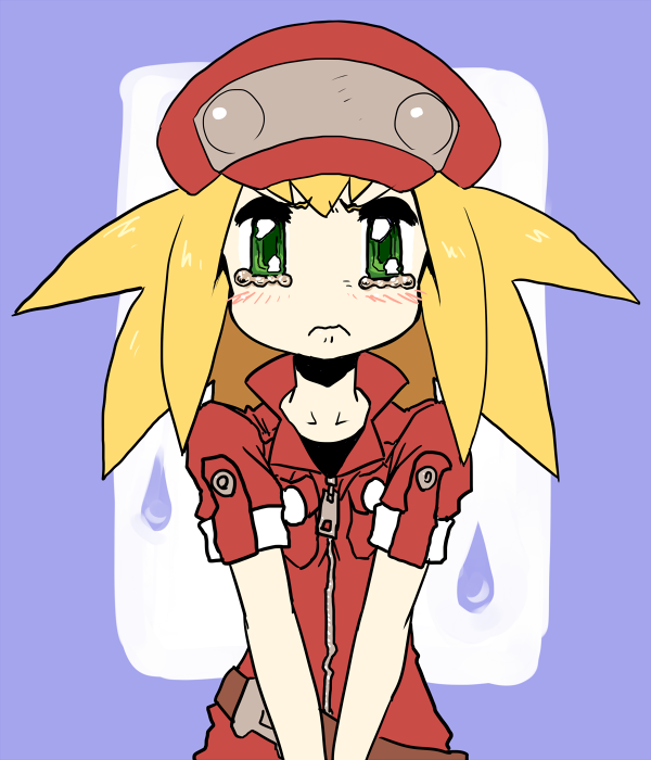 1girl newsboy_cap crying female_focus green_eyes hat jacket long_hair looking_at_viewer mega_man_(series) mega_man_legends_(series) mega_man_legends_3 muu_(mumumer) red_jacket roll_caskett_(mega_man) solo