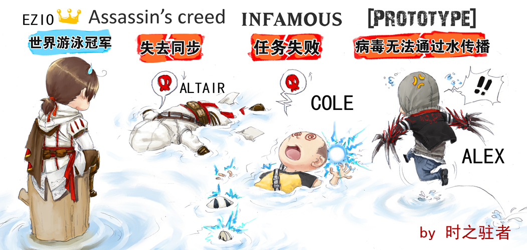 ! !! 4boys @_@ ahoge alex_mercer altair_ibn_la-ahad anger_vein arrow_(symbol) artist_name asphyxiation assassin&#039;s_creed assassin&#039;s_creed_(series) assassin&#039;s_creed_ii axis_powers_hetalia belt boots brown_hair cape character_name chinese_text claws cole_macgrath comparison copyright_name crossover crown drowning electricity ezio_auditore_da_firenze gameplay_mechanics hood hooded_jacket hoodie infamous jacket jumping knife male_focus multiple_boys open_mouth outstretched_arms pants pixiv(1776315) pole ponytail pouch prototype_(game) sash shirt shoes simplified_chinese_text sitting skull spread_arms sweatdrop t-shirt water