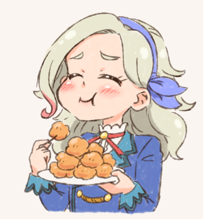 1girl aikatsu! aikatsu!_(series) blush chicken_(food) closed_eyes commentary eating eyebrows female_focus food food_request foodgasm fried_chicken grey_background hairband karaage kurorook kurosawa_rin long_hair multicolored_hair plate school_uniform simple_background smile solo starlight_academy_school_uniform streaked_hair upper_body