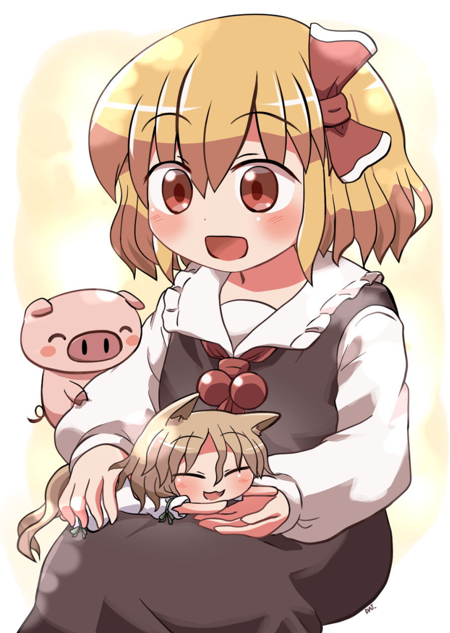 2girls :3 :d ^_^ animal_ears ascot black_skirt black_vest blonde_hair bow closed_eyes commentary_request fox_ears fox_girl fox_tail hair_between_eyes hair_bow highres holding holding_mini_person kudamaki_tsukasa long_sleeves looking_at_another mini_person minigirl multiple_girls open_mouth pig red_ascot red_bow red_eyes rokugou_daisuke romper rumia short_hair signature sitting skirt smile tail touhou touhou_cannonball vest white_romper