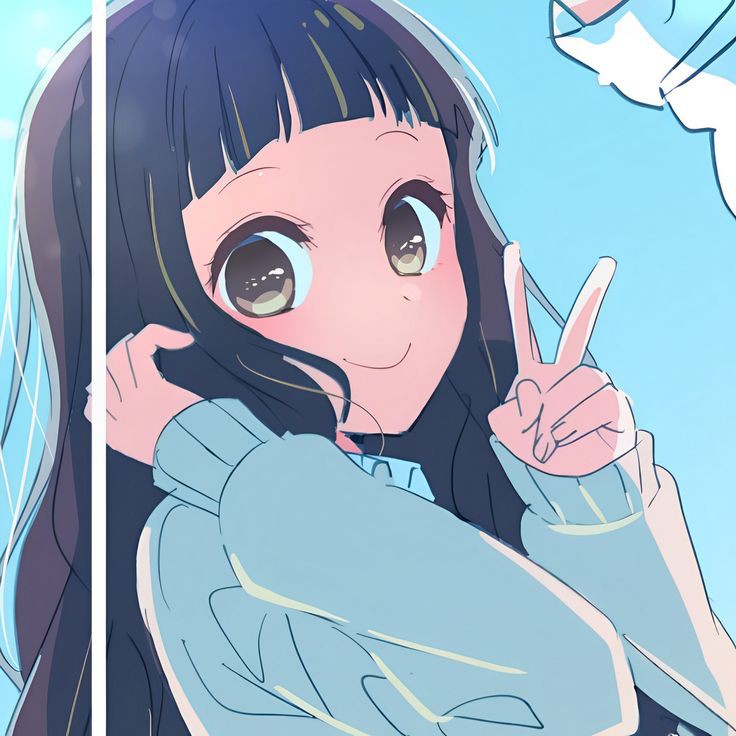 1girl arm_up black_hair blue_background blue_sweater blush brown_eyes long_hair looking_at_viewer oshi_no_ko red_ribbon ribbon simple_background smile sumi_yuki sweater very_long_hair