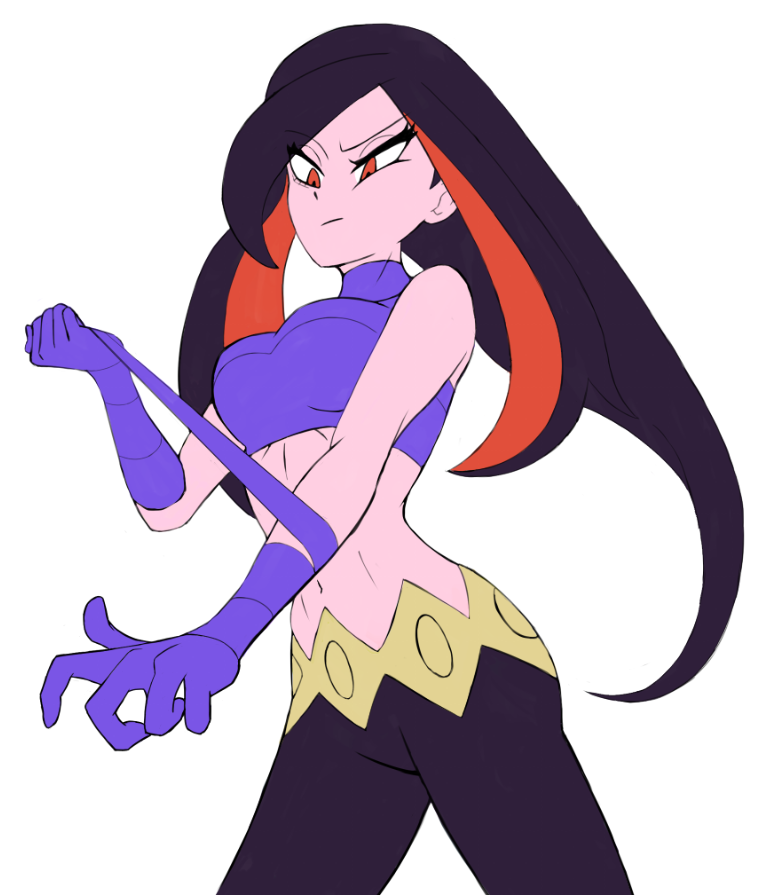 1girl annoyed belt black_hair crop_top frankgallaxx frontier_brain gloves long_hair lucy_(pokemon) midriff multicolored_hair navel nintendo pants pokemon pokemon_emerald pokemon_rse red_eyes simple_background sketch white_background