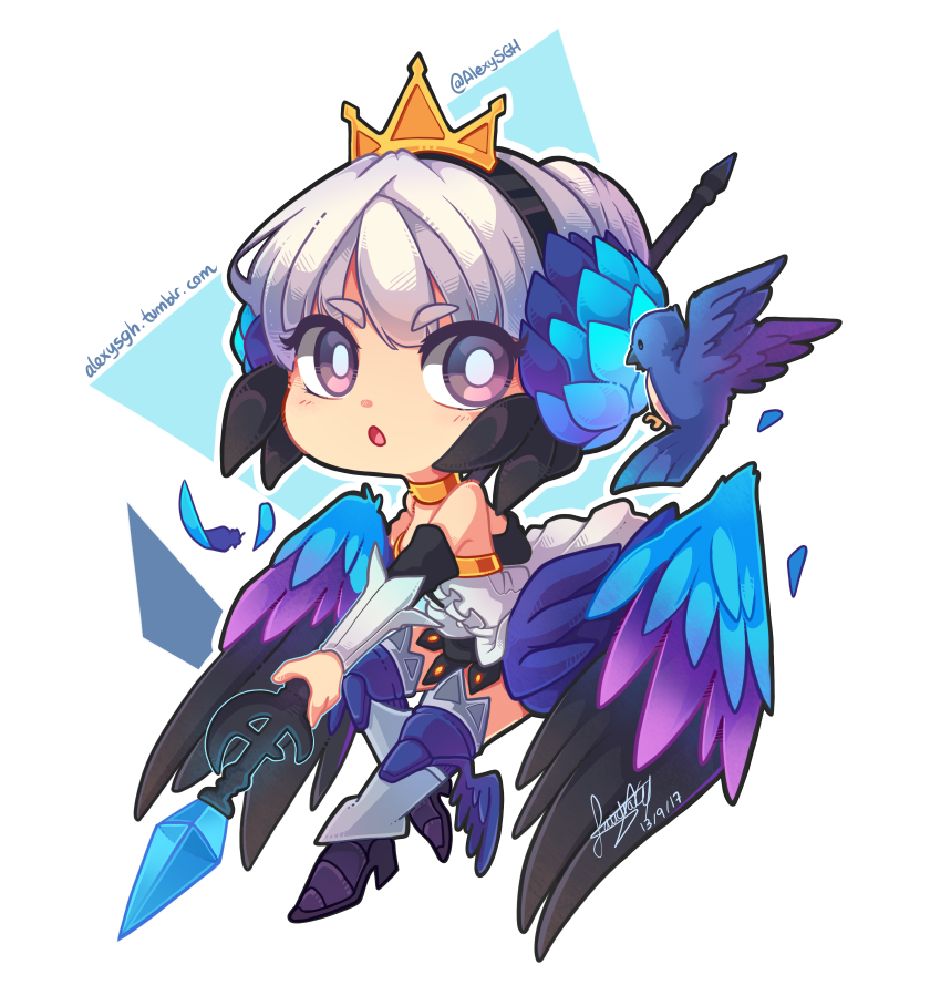 1girl armor armored_dress bare_shoulders breasts chibi choker commentary crown detached_sleeves dress english_commentary grey_hair gwendolyn_(odin_sphere) hair_ornament leg_wings low_wings multicolored_wings multiple_wings odin_sphere polearm psypher_(odin_sphere) sandragh short_hair signature simple_background solo spear strapless strapless_dress thighhighs valkyrie weapon white_hair wings