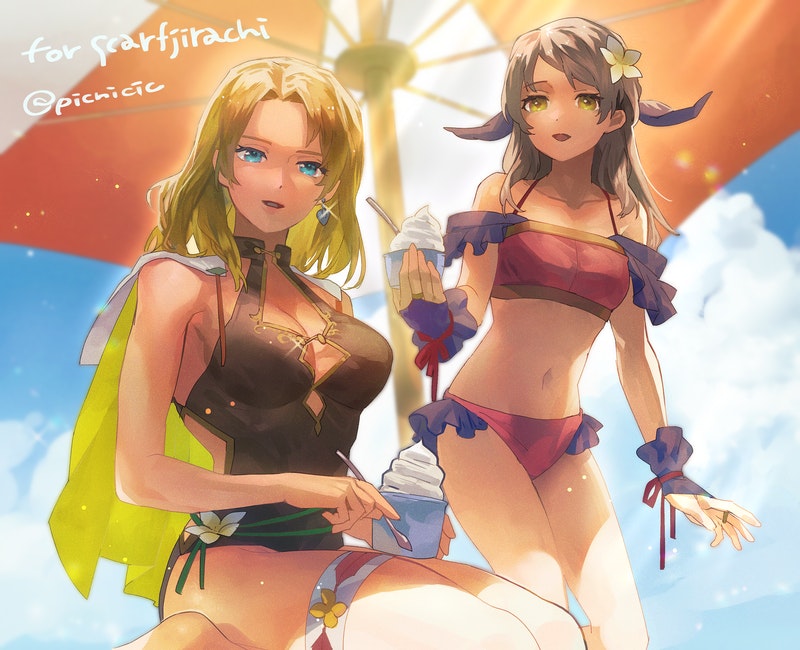 2girls alternate_costume bare_shoulders bikini black_one-piece_swimsuit blonde_hair blue_eyes breasts fire_emblem fire_emblem:_radiant_dawn fire_emblem:_the_sacred_stones fire_emblem_heroes frozen_yogurt large_breasts long_hair looking_at_viewer medium_breasts micaiah_(fire_emblem) micaiah_(wavecrest_maiden)_(fire_emblem) multiple_girls nintendo official_alternate_costume one-piece_swimsuit outdoors picnicic red_bikini selena_(fire_emblem:_the_sacred_stones) selena_(summer)_(fire_emblem:_the_sacred_stones) shade smile swimsuit thigh_strap umbrella