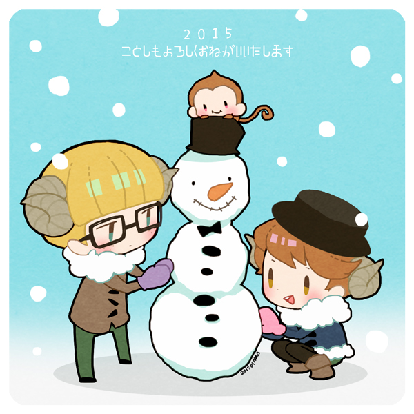 2015 2boys 73_(naa) animal black_bow black_bowtie black_socks blonde_hair blue_coat blunt_bangs blush bow bowtie brown_coat brown_footwear brown_hair bubble_monkey coat freckles green_pants hat horns jeff_andonuts male_focus mittens monkey mother_(series) mother_2 multiple_boys nintendo open_mouth outline pants pink_mittens purple_mittens sheep_horns signature snowman socks tony_(mother_2) top_hat translation_request white_outline
