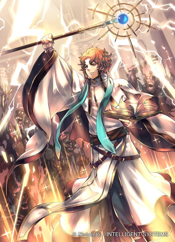 1boy artur_(fire_emblem) book company_name fire_emblem fire_emblem:_the_sacred_stones fire_emblem_cipher holding holding_book holding_staff holding_weapon kinoshita_kotetsu light light_rays long_sleeves magic nintendo official_art orange_eyes orange_hair robe staff weapon