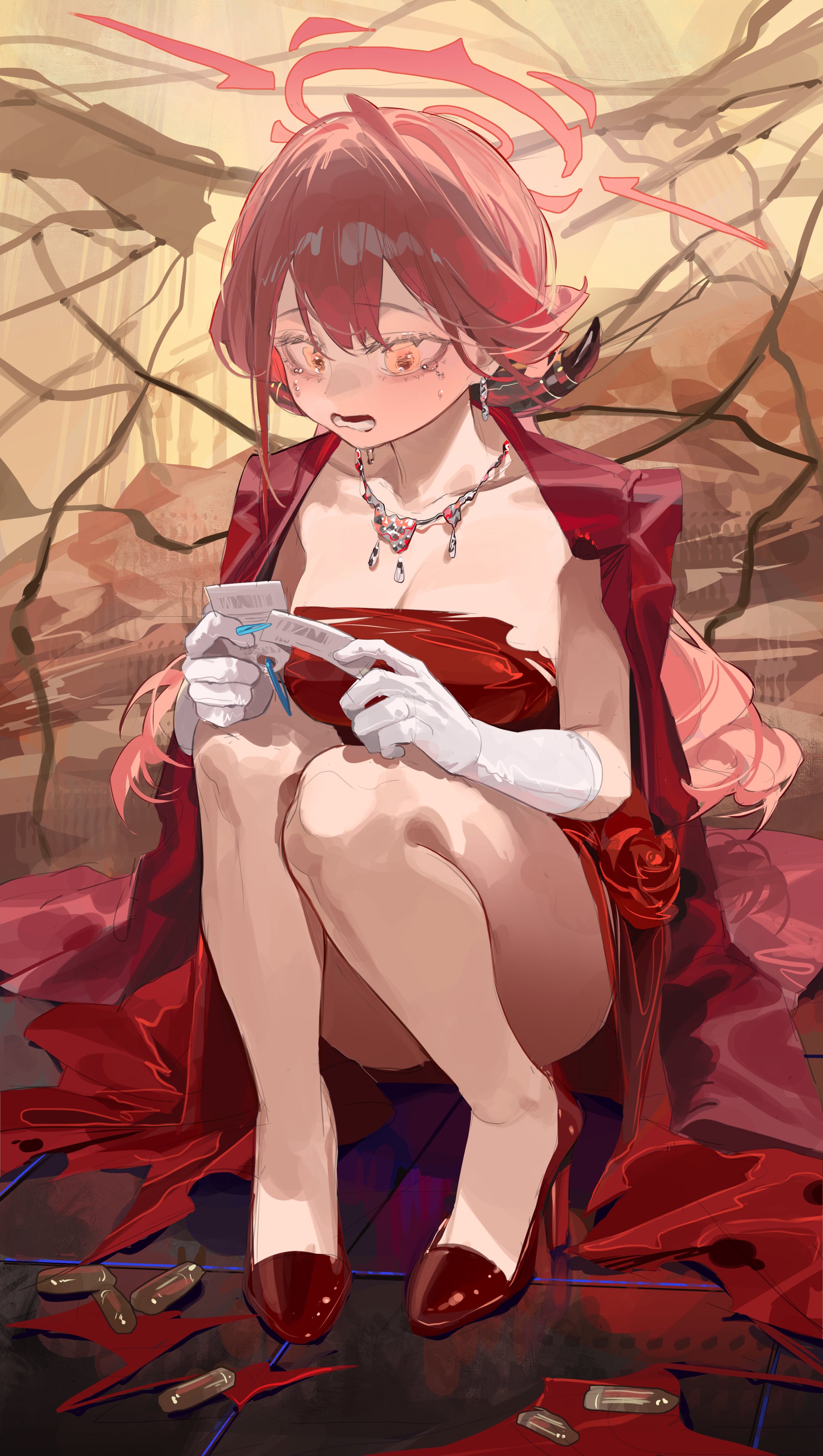 1girl absurdres aru_(blue_archive) aru_(dress)_(blue_archive) blue_archive breasts bullet cleavage coat coat_on_shoulders demon_horns diamond_necklace dress earrings gloves halo highres horns jewelry large_breasts long_hair necklace official_alternate_costume omurice_(304975636) pink_hair pink_halo red_coat red_dress shell_casing squatting ticket wavy_ends white_gloves yellow_eyes