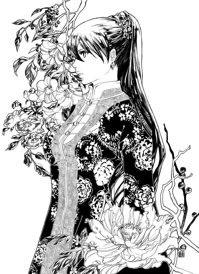 1girl bad_id bad_pixiv_id balsa camellia character_request earrings expressionless floral_background floral_print flower from_side greyscale hair_ornament japanese_clothes jewelry katsura_(+araka) lips long_hair looking_away monochrome ponytail profile seirei_no_moribito