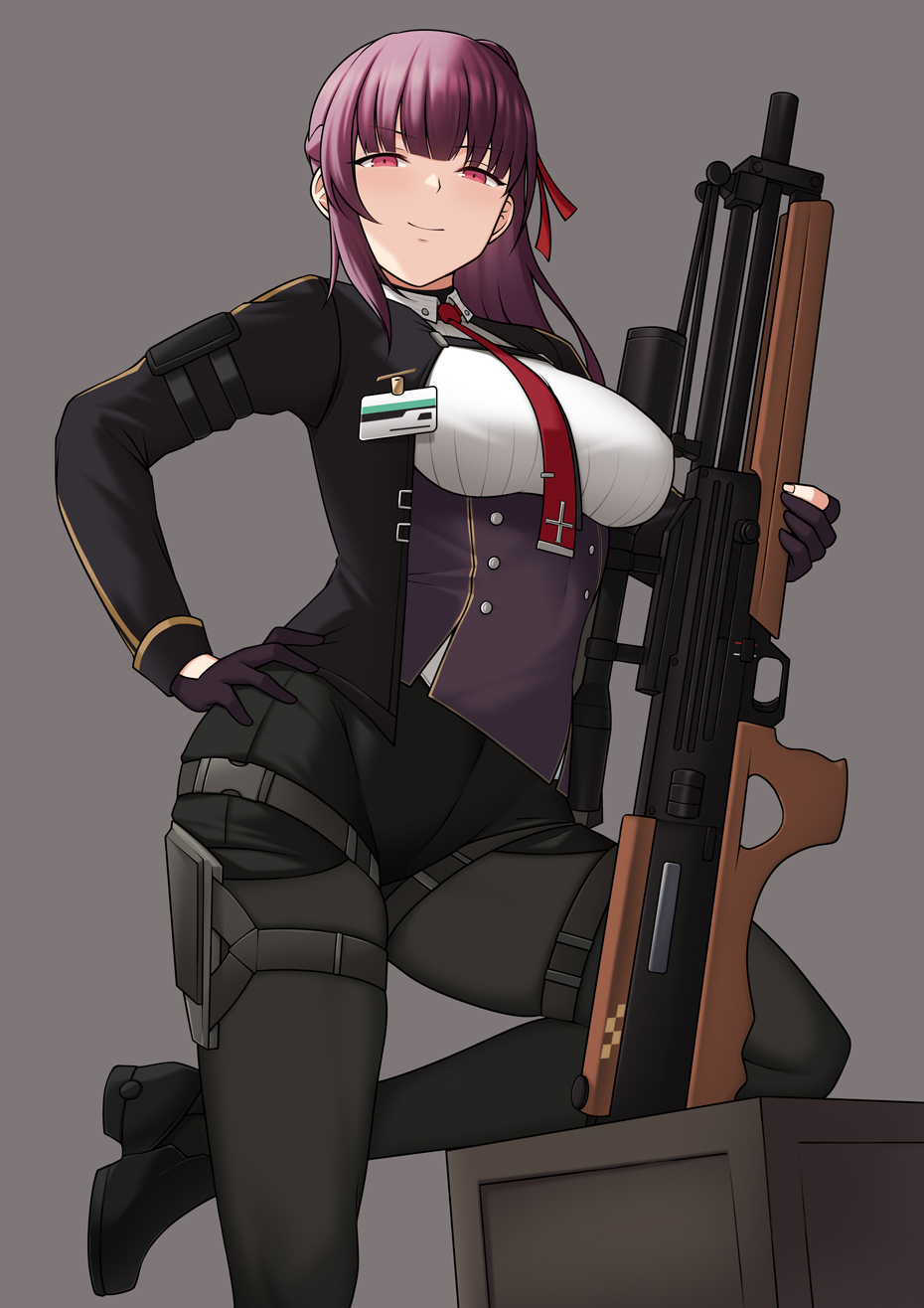 1girl bbk_(13zk) between_breasts bipod black_footwear black_jacket black_pantyhose box breasts bullpup commentary english_commentary girls&#039;_frontline girls&#039;_frontline_2:_exilium gloves grey_background gun highres holding holding_gun holding_weapon id_card jacket large_breasts leg_support long_hair looking_at_viewer makiatto_(girls&#039;_frontline_2) medium_breasts muzzle_device necktie necktie_between_breasts pantyhose partially_fingerless_gloves ponytail purple_gloves purple_hair red_eyes red_necktie rifle scope simple_background smile sniper_rifle solo wa2000_(girls&#039;_frontline) walther walther_wa_2000 weapon