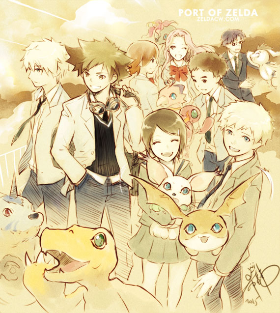 agumon cat digimon gabumon gomamon horn ishida_yamato izumi_koshiro kido_jo one_eye_closed palmon patamon piyomon reptile smile tachikawa_mimi tailmon takaishi_takeru takenouchi_sora tentomon wings wink yagami_hikari yagami_taichi