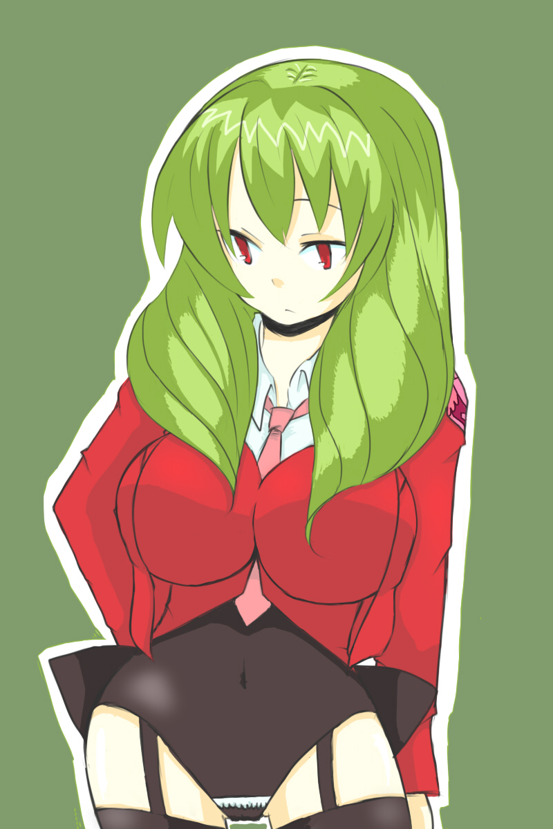 07th_expansion 1girl breasts female_focus green_hair hamo highres large_breasts leviathan_(umineko) navel necktie no_naku_koro_ni_(series) pink_necktie red_eyes ryukishi07 solo umineko_no_naku_koro_ni